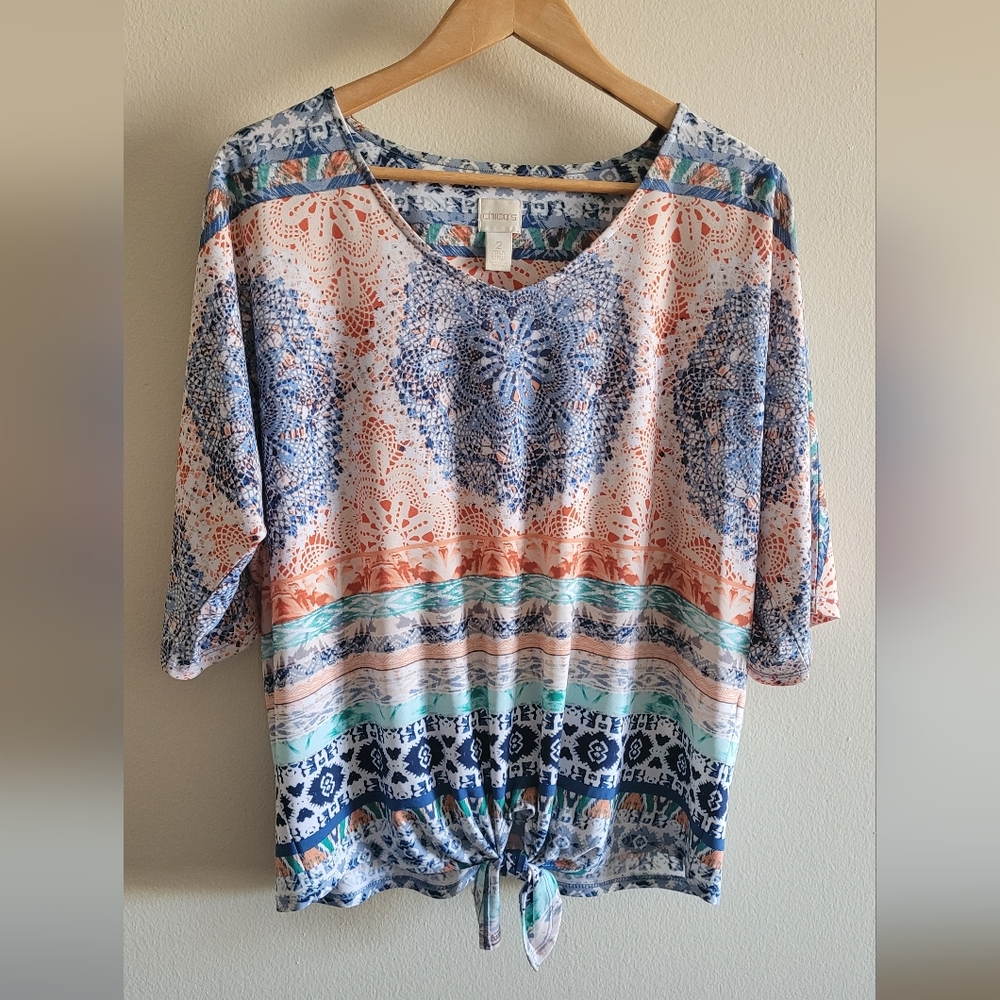 Chico's Colorful Mandala Patterned Tie-up Top, Women's L, Blue, Peach, Turquoise